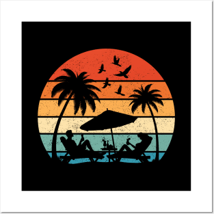 Couples on Tropical Summer Beach Retro Vintage Sunset Hawaii Posters and Art